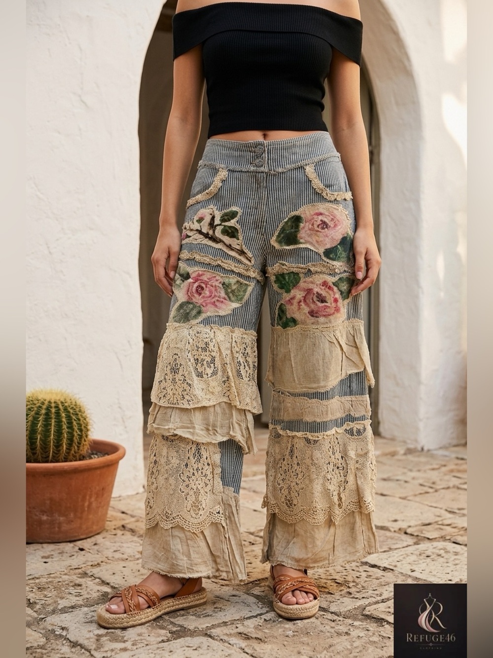 NWT A RARE BIRD Bohemian Vintage Rose Ticking High Waist Lace Denim Blue Stripe